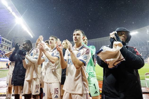 BAKU , 10-12-2025 , Tofiq Bahramov Stadion , Season 2025 2026 , UEFA Champions League football , match between FK Qarabag and Ajax Amsterdam , picture shows celebration after the match by Ajax player Don-Angelo Konadu , Ajax player Youri Baas and Ajax player Youri Regeer Qarabag - Ajax  x200104805x Copyright: