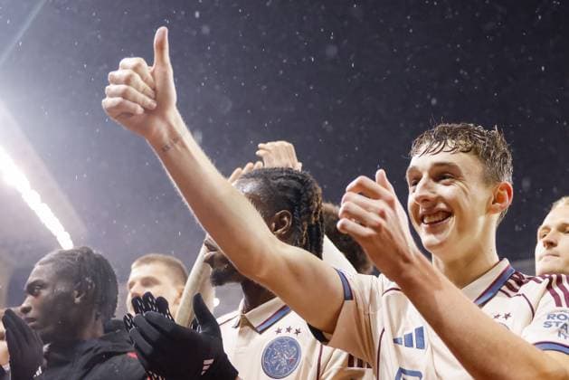 BAKU , 10-12-2025 , Tofiq Bahramov Stadion , Season 2025 2026 , UEFA Champions League football , match between FK Qarabag and Ajax Amsterdam , picture shows celebration after the match by Ajax player Youri Baas Qarabag - Ajax  x200104820x Copyright: