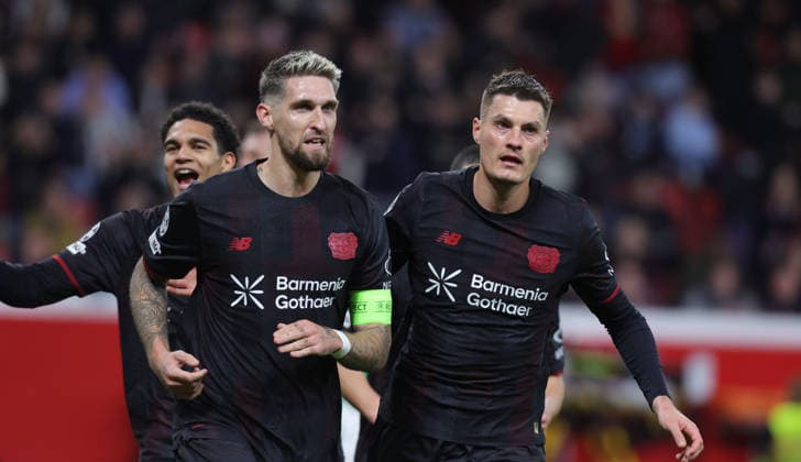 Goal celebration 1 0 Robert Andrich B04 with Patrick Schick B04 , UEFA Champions League, Matchday 6, Bayer 04 Leverkusen vs Newcastle United, Bayarena Leverkusen, Germany, 10 12 2025
