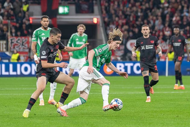 10 12 2025, Soccer UEFA Champions League, Season 2025 2026, Matchday 06, Bayer 04 Leverkusen Newcastle United at the BayArena in Leverkusen duel between Ibrahim Maza Bayer 04 Leverkusen, 30 and Anthony Gordon Newcastle United, 10 Important note According to UEFA regulations, it is prohibited to exploit or have exploited photographs taken in the stadium and or of the match in the form of sequential images and or video-like photo series Photo Kirchner Media Thomas Haesler Copyright: xKirchner-Media ThomasxHaeslerx