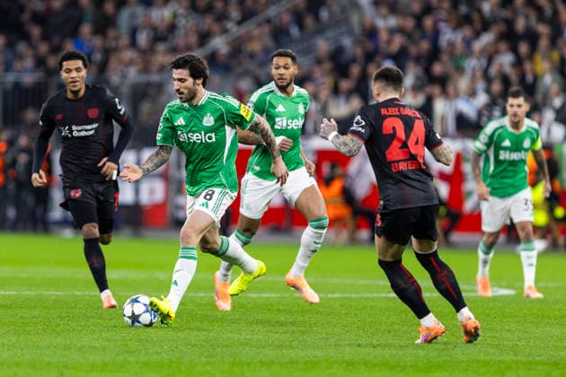LEVERKUSEN, GERMANY - DECEMBER 10:Sandro Tonali (Newcastle United, 8), Aleix Garcia (Bayer 04 Leverkusen, 24) during the UEFA Champions League match between Bayer Leverkusen vs. Newcastle United on matchday 6 at BayArena on December 10, 2025 in Leverkusen, Germany. NRW Germany Copyright: xBEAUTIFULxSPORTS Meuselx