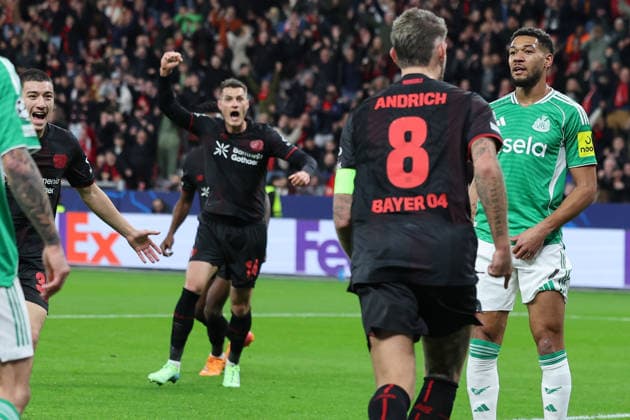 GER, UEFA CL, matchday 6, league phase, Bayer 04 Leverkusen GER vs Newcastle United ENG , 10 12 2025, BayArena, Leverkusen, GER, UEFA CL, matchday 6, league phase, Bayer 04 Leverkusen GER vs Newcastle United ENG , , pictured 1 0 for Leverkusen by Robert Andrich Leverkusen 8 , header goal jubilation jubilation jubilation jubilation jubilation, Patrick Schick Leverkusen 14 , nordphotoxGmbHx xMeuter nph00351
