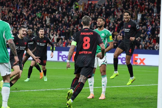GER, UEFA CL, matchday 6, league phase, Bayer 04 Leverkusen GER vs Newcastle United ENG , 10 12 2025, BayArena, Leverkusen, GER, UEFA CL, matchday 6, league phase, Bayer 04 Leverkusen GER vs Newcastle United ENG , , pictured 1 0 for Leverkusen by Robert Andrich Leverkusen 8 , header goal jubilation jubilation, Patrick Schick Leverkusen 14 , Ibrahim Maza Leverkusen 30 , nordphotoxGmbHx xMeuter nph00351