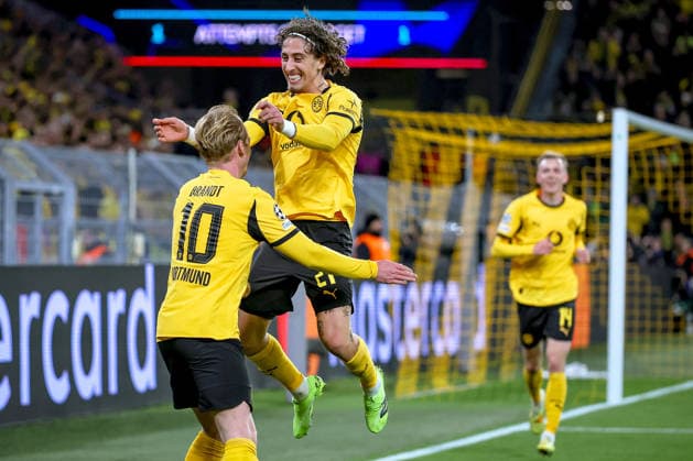 10 12 2025, Football, UEFA Champions League, Borussia Dortmund FK Bodö Glimt, BVB Stadion, Matchday 5, Season 2025 2026 Goal celebration after the 1-0 goal by scorer Julian Brandt BVB 10 together with Fabio Silva BVB 21 Regulations prohibit any use of photographs as image sequences and or quasi video North Rhine-Westphalia Germany