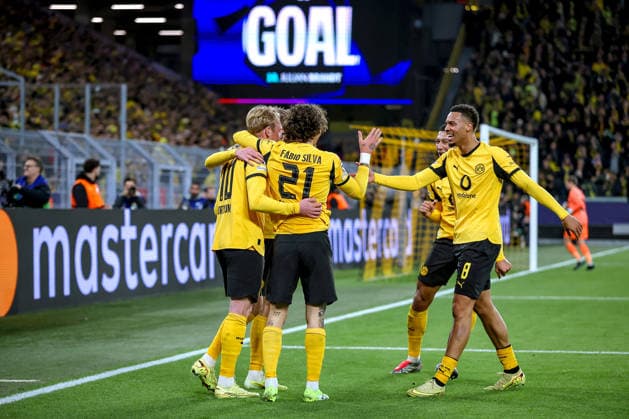 10 12 2025, Football, UEFA Champions League, Borussia Dortmund FK Bodö Glimt, BVB Stadion, Matchday 5, Season 2025 2026 Goal celebration after the 1 0 goal by scorer Julian Brandt BVB 10 together with Fabio Silva BVB 21 and Felix Nmecha BVB 08 Regulations prohibit any use of photographs as image sequences and or quasi video Nordrhein Westfalen Germany
