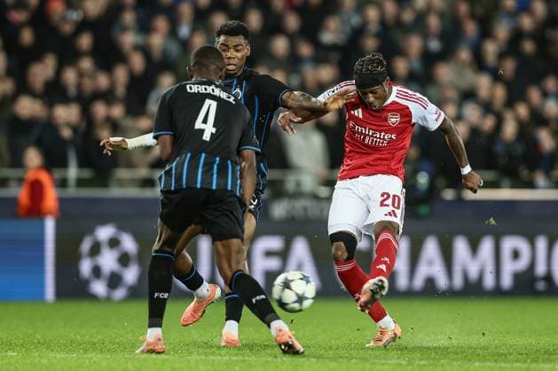 Arsenal s Noni Madueke scores a goal during a soccer game between Belgian soccer team Club Brugge KV and English Arsenal F.C, on Wednesday 10 December 2025 in Brugge, on day 6 (out of 8) of the League phase of the UEFA Champions League tournament. BRUNOxFAHY  x148014732x