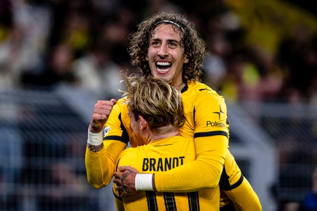 Borussia Dortmund forwarder Fabio Silva, Borussia Dortmund midfielder Julian Brandt celebrating the goal 1 0, during the match Borussia Dortmund vs FK Bodo Glimt at the BVB Stadion Dortmund for the Champions League League phase Matchday 6 season 2025 2026 in DORTMUND, Germany on 10 December 2025, photo by Stefan Koops EYE4images DeFodi Images