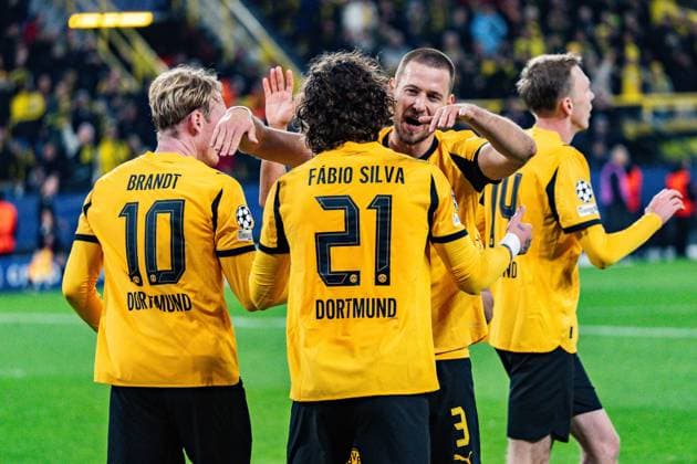 10 12 2025, Borussia Dortmund vs FK Bodo Glimt, UEFA Champions League, Matchday 6 Goal for 1 0 by Julian Brandt Borussia Dortmund, 10 here with Fabio Silva Borussia Dortmund, 21 Waldemar Anton Borussia Dortmund, 3 Regulations prohibit any use of photographs as image sequences and or quasi video Copyright: xBahhoxKarax