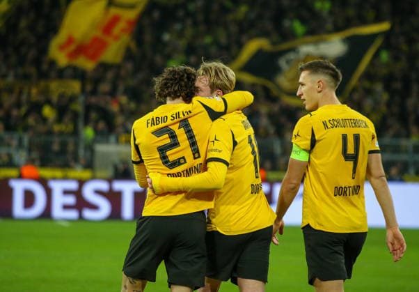 Football UEFA Champions League 2025 26, 6 Matchday League phase Borussia Dortmund vs FK Bodo Glimt Bodo Glimt Signal Iduna Park Stadion Dortmund Goal celebration Julian Brandt Borussia Dortmund, 10 Fabio Silva Fabio Silva Borussia Dortmund, 21 Nico Schlotterbeck Borussia Dortmund, 4 Dortmund Copyright: xAymanxAlahmedx