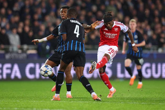 Brugge, Belgium, 10th December 2025. Noni Madueke of Arsenal scores the opening goal during the Club Brugge vs Arsenal UEFA Champions League match at Jan Breydel Stadium, Brugge. Picture credit should read: Paul Terry Sportimage EDITORIAL USE ONLY. No use with unauthorised audio, video, data, fixture lists, club league logos or live services. Online in-match use limited to 120 images, no video emulation. No use in betting, games or single club league player publications. SPI_029_PT_Brugge_Arsenal SPI-4360-0029