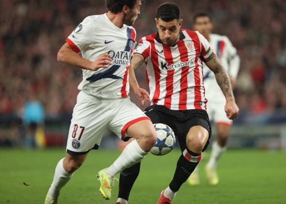 Athletic Club v Paris Saint-Germain - UEFA Champions League 2025 26 League Phase MD1 Athletic Club v Paris Saint-Germain PSG - UEFA Champions Joao Neves (Paris Saint-Germain) and Yuri Berchiche (Athletic Club) battle for the ball, Credit:Juan Lazkano Avalon Spain, Basque Country, Bilbao, San Mames  Copyright: xJuanxLazkanox xAvalonx 1058232975