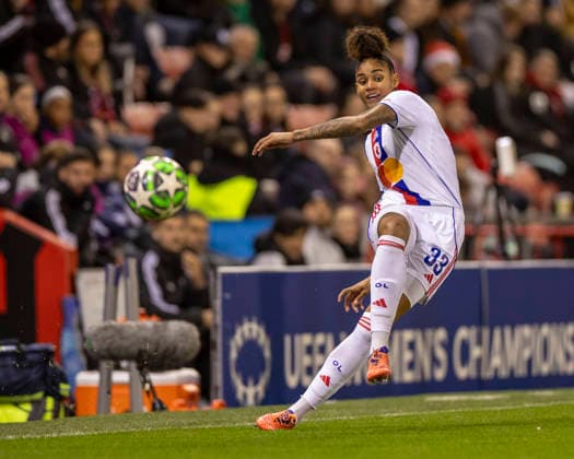10th December 2025; Leigh Sports Village, Manchester, England; Womens Champions League Football, Manchester United, ManU versus Lyon Women; Tarciane of OL Lyonnes crosses the ball  TimxWilliams