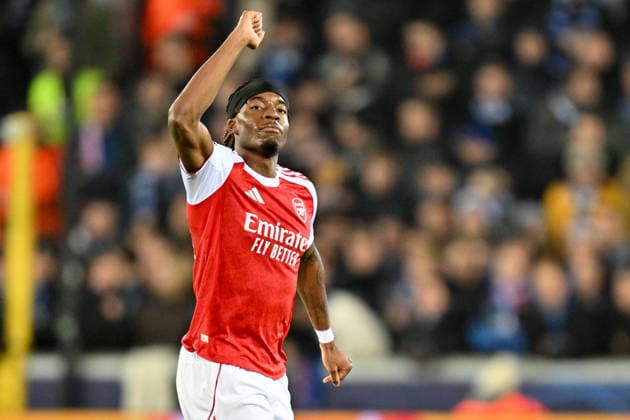 251210 Club Brugge vs Arsenal Noni Madueke (20) of Arsenal celebrates after scoring the 0-1 goal during the Uefa Champions League 6th matchday in the League phase game in season 2025 - 2026 between Club Brugge KV and Arsenal FC on December 10 , 2025 in Brugge, Belgium. (Photo by David Catry Isosport) Brugge Belgium  Copyright: xDavidxCatryx 20251210DC2_0132