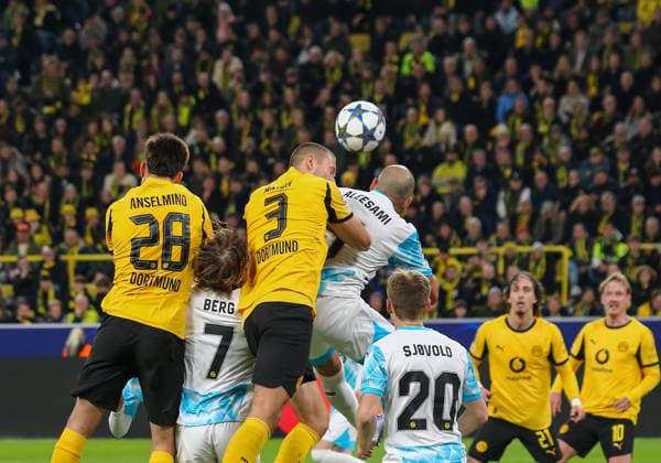 Football UEFA Champions League 2025 26, 6 Matchday league phase Borussia Dortmund vs FK Bodo Glimt Bodo Glimt Signal Iduna Park Stadion Dortmund Waldemar Anton Borussia Dortmund, 3 Aaron Anselmino Borussia Dortmund, 28 Haitam Aleesami FK Bodo Glimt, 5 Fredrik Sjovold Fredrik Sjovold FK Bodo Glimt, 20 Patrick Berg FK Bodo Glimt, 7 Dortmund Copyright: xAymanxAlahmedx