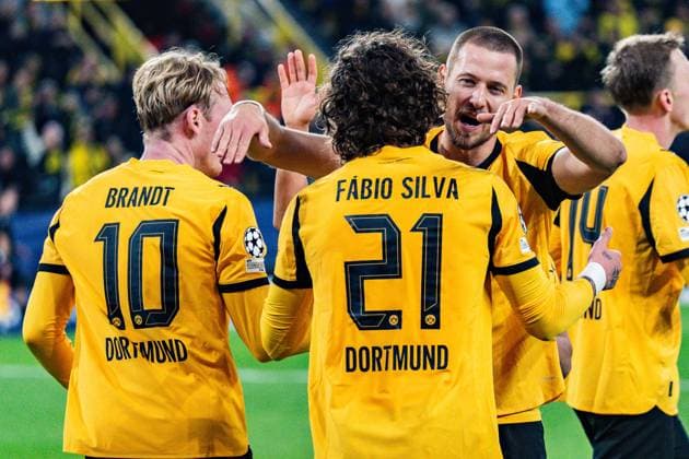 10 12 2025, Borussia Dortmund vs FK Bodo Glimt, UEFA Champions League, Matchday 6 Goal for 1 0 by Julian Brandt Borussia Dortmund, 10 here with Fabio Silva Borussia Dortmund, 21 Waldemar Anton Borussia Dortmund, 3 Regulations prohibit any use of photographs as image sequences and or quasi video Copyright: xBahhoxKarax