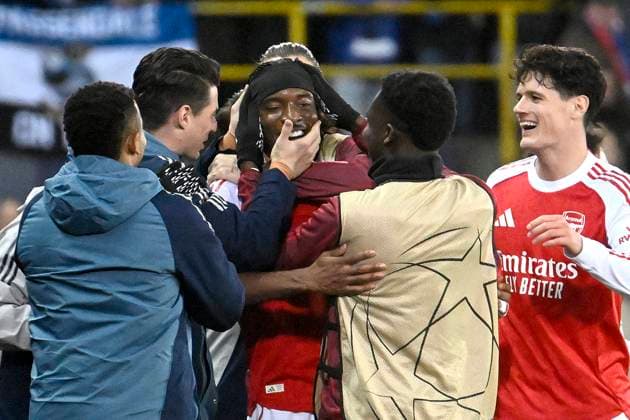 Club Brugge v Arsenal - UEFA Champions League BRUGGE, BELGIUM - DECEMBER 10 : Madueke Noni midfielder of Arsenal celebrates scoring a goal during the UEFA Champions League 2025 26 League Phase MD6 match between Club Brugge and Arsenal on December 10, 2025 in Brugge, Belgium, 10 12 2025 Brugge Belgium  Copyright: xPeterxDexVoechtx