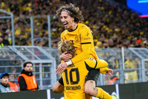 10 12 2025, Borussia Dortmund vs FK Bodo Glimt, UEFA Champions League, Matchday 6 Goal for 1 0 by Julian Brandt Borussia Dortmund, 10 here with Fabio Silva Borussia Dortmund, 21 Regulations prohibit any use of photographs as image sequences and or quasi video Copyright: xBahhoxKarax