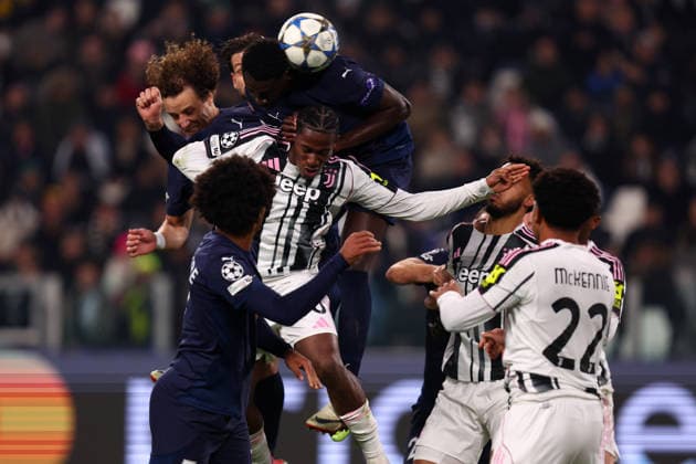 Derrick Luckassen (Pafos Fc) und Jonathan David (Juventus FC) battle for the ball, UEFA Champions League 2025 26 League Phase MD6, Juventus v Pafos Fc - UEFA Champions League 2025 26 League Phase MD6, Allianz Stadium, December 10, 2025, Turin, Italy.