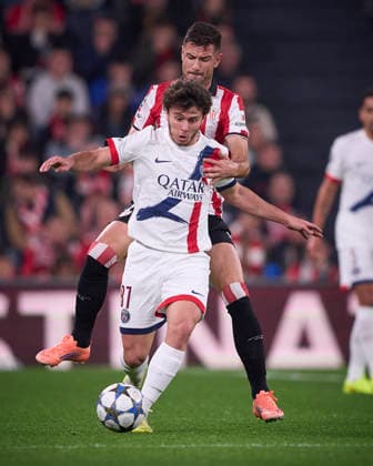 ATHLETIC DE BILBAO v PARIS SAINT-GERMAIN. CHAMPIONS LEAGUE 2025 2026. ROUND 6. Athletic de Bilbao s Gorka Guruzeta (B) and Paris Saint-Germain s Joao Neves during Champions League 2025 2026 match. December 10,2025. (ALTERPHOTOS Ropero) BilbaoSpain  Copyright: xRoperox
