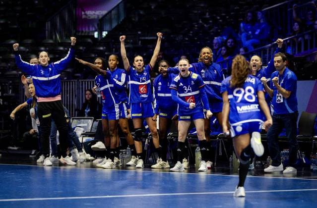 ROTTERDAM - French players cheer during the World Handball Championship quarterfinal between Denmark and France in Ahoy Rotterdam. ANP ROBIN VAN LONKHUIJSEN xVIxANPxSportx xxANPxIVx 544522465 originalFilename: 544522465.jpg