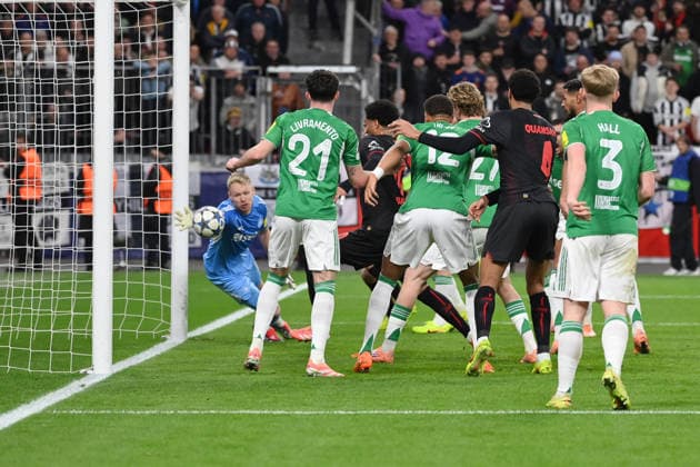 Goal for Leverkusen at 1 0 10 12 2025, Football, UEFA Champions League 2025 2026, Matchday 6, Bayer 04 Leverkusen Newcastle United UEFA regulations prohibit any use of photographs as image sequences and or quasi video Leverkusen BayArena Nordrhein Westfalen Germany Team2
