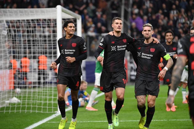 Cheer 1 0 Jarell Quansah Bayer 04 Leverkusen , Patrik Schick Bayer 04 Leverkusen , Robert Andrich Bayer 04 Leverkusen , v li 10 12 2025, Football, UEFA Champions League 2025 2026, Matchday 6, Bayer 04 Leverkusen Newcastle United UEFA regulations prohibit any use of photographs as image sequences and or quasi video Leverkusen BayArena Nordrhein Westfalen Germany Team2