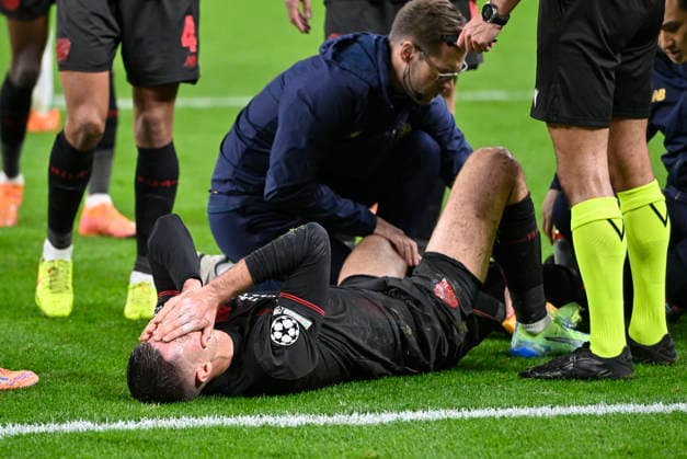 Patrik Schick Bayer Leverkusen injured on the ground, Injury, Football Champions League, Matchday 6, Bayer 04 Leverkusen Newcastle United NEW , on 10 12 2025 in Leverkusen Germany UEFA regulations prohibit any use of photographs as image sequences and or quasi video Â