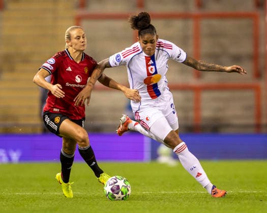 10th December 2025; Leigh Sports Village, Manchester, England; Womens Champions League Football, Manchester United, ManU versus Lyon Women; Tarciane of OL Lyonnes under pressure from Lisa Naalsund of Manchester United Women  TimxWilliams