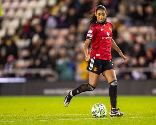 10th December 2025; Leigh Sports Village, Manchester, England; Womens Champions League Football, Manchester United, ManU versus Lyon Women; Jayde Riviere of Manchester United Women  TimxWilliams