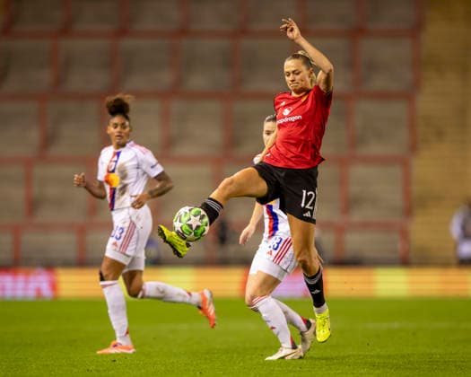 10th December 2025; Leigh Sports Village, Manchester, England; Womens Champions League Football, Manchester United, ManU versus Lyon Women; Fridolina Rolfo of Manchester United Women jumps for the ball  TimxWilliams