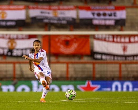 10th December 2025; Leigh Sports Village, Manchester, England; Womens Champions League Football, Manchester United, ManU versus Lyon Women; Alice Sombath of OL Lyonnes crosses the ball  TimxWilliams