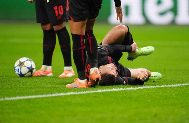 Patrik Schick Bayer 04 Leverkusen on the ground UEFA Champions League 2025 26 League Phase match between Bayer 04 Leverkusen and Newcastle at BayArena on December 10, 2025 in Leverkusen, Germany Photo by Thor Wegner DeFodi Images