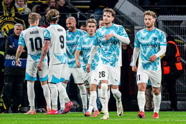 2025-12-10 Borussia Dortmund v FK Bodo Glimt - UEFA Champions League 2025 26 League Phase MD6 DORTMUND, GERMANY - DECEMBER 10: Haitam Aleesami of FK Bodo Glimt, players of FK Bodo Glimt celebrate their first goal during the UEFA Champions League 2025 26 League Phase MD6 match between Borussia Dortmund and FK Bodo Glimt at BVB Stadion Dortmund on December 10, 2025 in Dortmund, Germany. (Photo by Gabriel Calvino Alonso BSR Agency) Dortmund Germany Content not available for redistribution in The Netherlands directly or indirectly through any third parties. Copyright: xBSRxAgencyx
