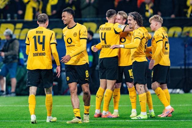 10 12 2025, Borussia Dortmund vs FK Bodo Glimt, UEFA Champions League, Matchday 6 Goal for 2 1 by Julian Brandt Borussia Dortmund, 10 Maximilian Beier Borussia Dortmund, 14 Felix Nmecha Borussia Dortmund, 8 Nico Schlotterbeck Borussia Dortmund, 4 Fabio Silva Borussia Dortmund, 21 Daniel Svensson Borussia Dortmund, 24 Regulations prohibit any use of photographs as image sequences and or quasi video Copyright: xBahhoxKarax
