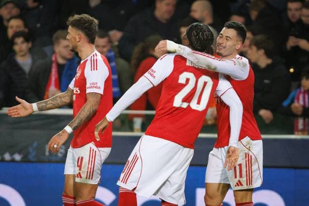Arsenal s Gabriel Martinelli celebrates after scoring during a soccer game between Belgian soccer team Club Brugge KV and English Arsenal F.C, on Wednesday 10 December 2025 in Brugge, on day 6 (out of 8) of the League phase of the UEFA Champions League tournament. KURTxDESPLENTER  x148029257x