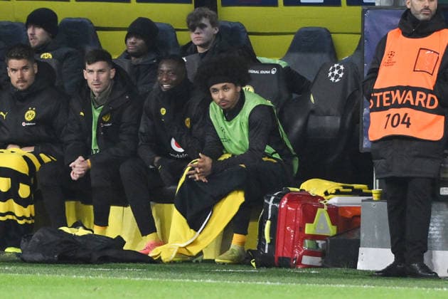 Karim Adeyemi Borussia Dortmund , Serhou Guirassy Borussia Dortmund , Pascal Gross Borussia Dortmund , Pascal Gross, v re 10 12 2025, Football, UEFA Champions League 2025 2026, Matchday 6, Borussia Dortmund FK Bodö Glimt UEFA regulations prohibit any use of photographs as image sequences and or quasi video Dortmund Signal Iduna Park Nordrhein Westfalen Germany Team2