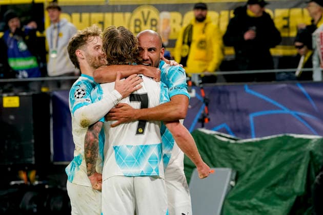 Haitam Aleesami FK Bodo Glimt celebrates after scoring his team s first goal with teammates during the UEFA Champions League 2025 26 League Phase MD6 match between Borussia Dortmund and FK Bodo Glimt at BVB Stadion Dortmund on December 10, 2025 in Dortmund, Germany Photo by Alex Gottschalk DeFodi Images