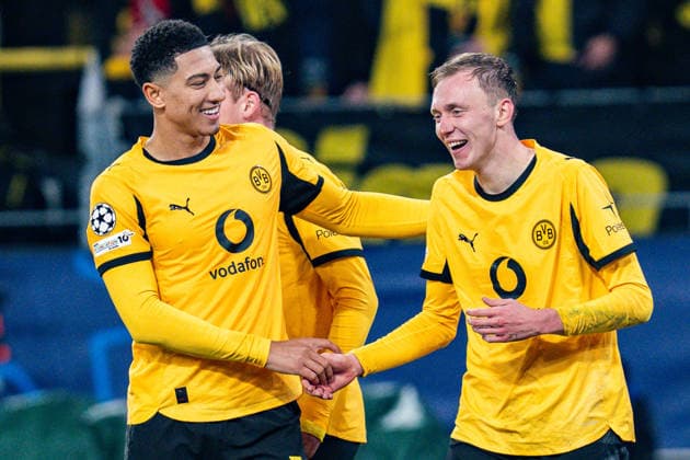 10 12 2025, Borussia Dortmund vs FK Bodo Glimt, UEFA Champions League, Matchday 6 Goal for 2 1 by Julian Brandt Borussia Dortmund, 10 Yan Couto Borussia Dortmund, 2 Jobe Bellingham Borussia Dortmund, 7 Regulations prohibit any use of photographs as image sequences and or quasi video Copyright: xBahhoxKarax