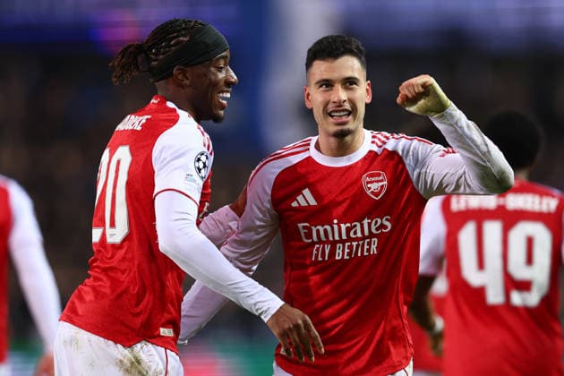 Brugge, Belgium, 10th December 2025. Gabriel Martinelli (R) of Arsenal celebrates with Noni Madueke of Arsenal after scoring to make it 3-0 during the Club Brugge vs Arsenal UEFA Champions League match at Jan Breydel Stadium, Brugge. Picture credit should read: Paul Terry Sportimage EDITORIAL USE ONLY. No use with unauthorised audio, video, data, fixture lists, club league logos or live services. Online in-match use limited to 120 images, no video emulation. No use in betting, games or single club league player publications. SPI_053_PT_Brugge_Arsenal SPI-4360-0053