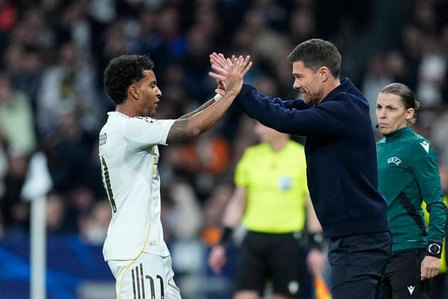 December 10, 2025, Madrid, Madrid, Spain: Rodrygo of Real Madrid CF celebrates a goal with Xabi Alonso, head coach of Real Madrid, during the UEFA Champions League 2025 26 League Phase MD6 match between Real Madrid C.F. and Manchester City at Bernabeu stadium on December 10, 2025 in Madrid, Spain. Madrid Spain - ZUMAa181 20251210_zaa_a181_191 Copyright: xOscarxJ.xBarrosox