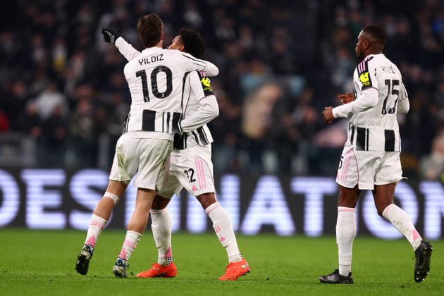 Weston Mckennie (Juventus Fc) celebrates after scoring his team s first goal with team mates, UEFA Champions League 2025 26 League Phase MD6, Juventus v Pafos Fc - UEFA Champions League 2025 26 League Phase MD6, Allianz Stadium, December 10, 2025, Turin, Italy.