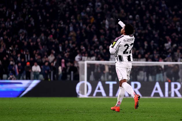 Weston Mckennie (Juventus Fc) celebrates after scoring his team s first goal, UEFA Champions League 2025 26 League Phase MD6, Juventus v Pafos Fc - UEFA Champions League 2025 26 League Phase MD6, Allianz Stadium, December 10, 2025, Turin, Italy.