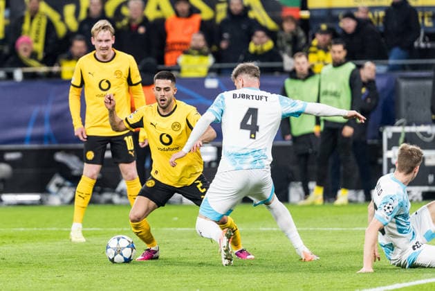 DORTMUND, GERMANY - DECEMBER 10: Yan Couto (Borussia Dortmund, 2) controls the ball against Odin Bjortuft (FK Bodo Glimt, 4) during the UEFA Champions League match between Borussia Dortmund vs. FK Bodo Glimt at Signal Iduna Park on matchday 6 of the UEFA Champions League on December 10, 2025 in Dortmund, Germany. North Rhine Westphalia Germany Copyright: xBEAUTIFULxSPORTS Wunderlx