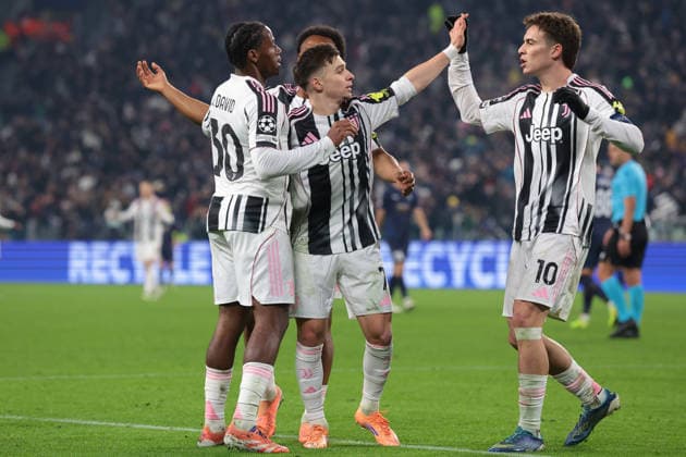 Turin, Italy, 10th December 2025. Jonathan David of Juventus celebrates with team mates Lois Openda, Francisco Conceicao and Kenan Yildiz after scoring to give the hosts a 2-0 lead during the Juventus vs Pafos FC UEFA Champions League match at Juventus Stadium, Turin. Picture credit should read: Jonathan Moscrop Sportimage EDITORIAL USE ONLY. No use with unauthorised audio, video, data, fixture lists, club league logos or live services. Online in-match use limited to 120 images, no video emulation. No use in betting, games or single club league player publications. SPI_046_JM_JUVE_PAFOS_UCL SPI-4325-0046