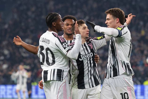 Turin, Italy, 10th December 2025. Jonathan David of Juventus celebrates with team mates Lois Openda, Francisco Conceicao and Kenan Yildiz after scoring to give the hosts a 2-0 lead during the Juventus vs Pafos FC UEFA Champions League match at Juventus Stadium, Turin. Picture credit should read: Jonathan Moscrop Sportimage EDITORIAL USE ONLY. No use with unauthorised audio, video, data, fixture lists, club league logos or live services. Online in-match use limited to 120 images, no video emulation. No use in betting, games or single club league player publications. SPI_047_JM_JUVE_PAFOS_UCL SPI-4325-0047