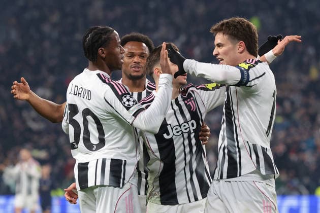 Turin, Italy, 10th December 2025. Jonathan David of Juventus celebrates with team mates Lois Openda, Francisco Conceicao and Kenan Yildiz after scoring to give the hosts a 2-0 lead during the Juventus vs Pafos FC UEFA Champions League match at Juventus Stadium, Turin. Picture credit should read: Jonathan Moscrop Sportimage EDITORIAL USE ONLY. No use with unauthorised audio, video, data, fixture lists, club league logos or live services. Online in-match use limited to 120 images, no video emulation. No use in betting, games or single club league player publications. SPI_048_JM_JUVE_PAFOS_UCL SPI-4325-0048