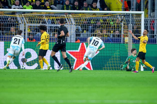 10 12 2025, Football, UEFA Champions League, Borussia Dortmund FK Bodö Glimt, BVB Stadion, Matchday 5, Season 2025 2026 Goal celebration after the goal to 2 2 by scorer Jens Petter Hauge Bodo Glimt 10 Regulations prohibit any use of photographs as image sequences and or quasi video North Rhine-Westphalia Germany