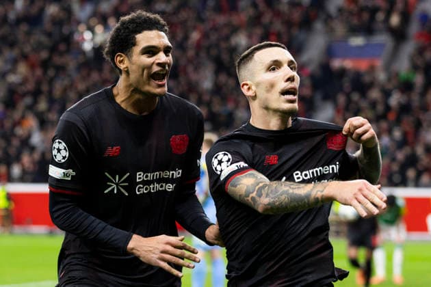 LEVERKUSEN, GERMANY - DECEMBER 10: Alejandro Grimaldo (Bayer 04 Leverkusen, 20) celebrates his equalizing goal with Jarell Quansah (Bayer 04 Leverkusen, 4) during the UEFA Champions League match between Bayer Leverkusen vs. Newcastle United on matchday 6 at BayArena on December 10, 2025 in Leverkusen, Germany. NRW Germany Copyright: xBEAUTIFULxSPORTS Meuselx