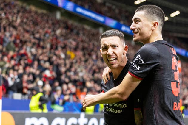 LEVERKUSEN, GERMANY - DECEMBER 10: Alejandro Grimaldo (Bayer 04 Leverkusen, 20) celebrates his goal with Ibrahim Maza (Bayer 04 Leverkusen, 30) during the UEFA Champions League match between Bayer Leverkusen vs. Newcastle United on matchday 6 at BayArena on December 10, 2025 in Leverkusen, Germany. NRW Germany Copyright: xBEAUTIFULxSPORTS Meuselx
