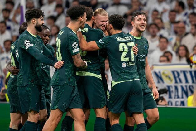REAL MADRID CF v MANCHESTER CITY FC. CHAMPIONS LEAGUE 2025 2026. ROUND 6. Manchester City FC s players celebrate a goal scored by Erling Haaland during Champions League 2025 2026 match. December 10,2025. (ALTERPHOTOS Ropero) MadridSpain  Copyright: xRoperox